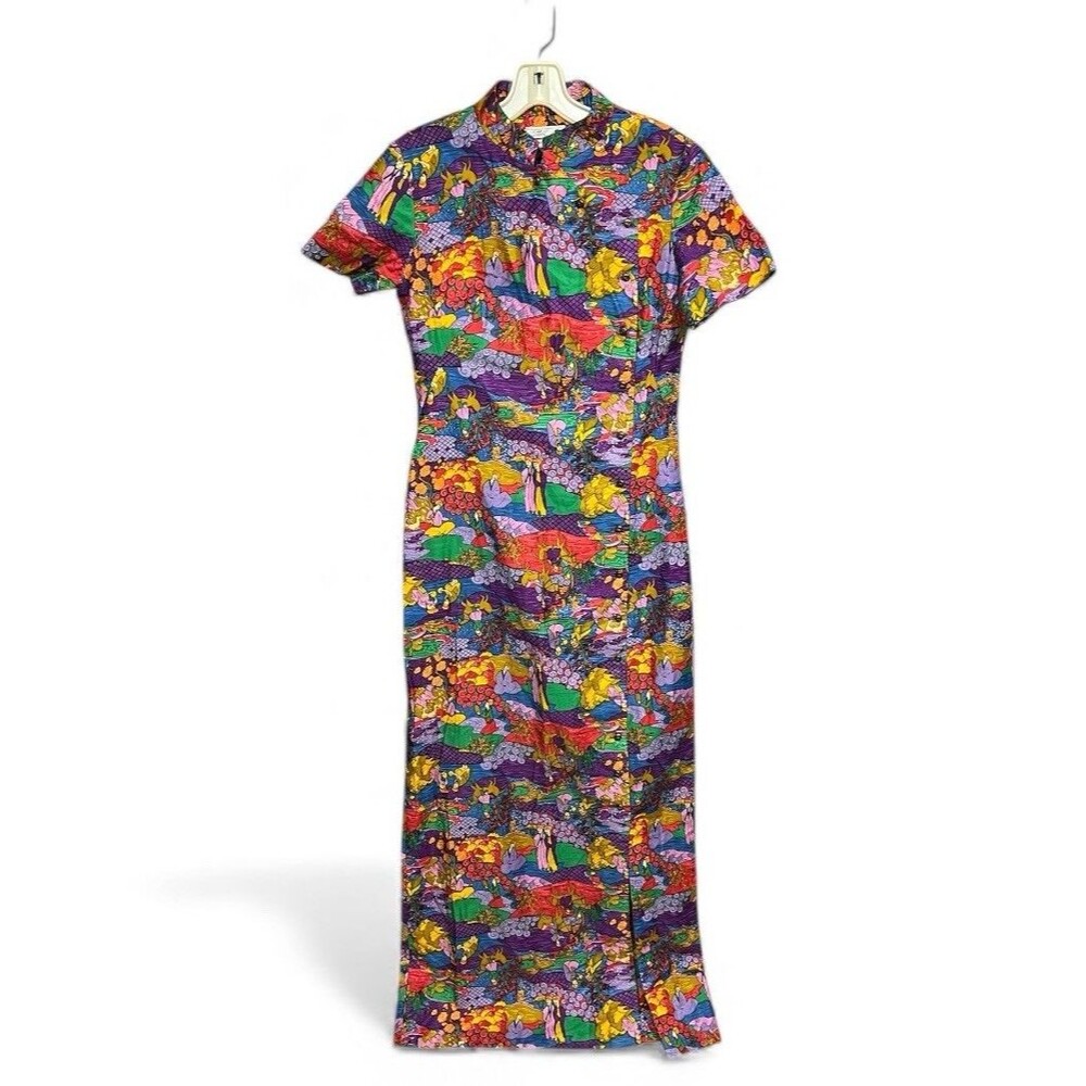 Vintage 60s/70s Serbin by Muriel Ryan Maxi Dress XS-S High Neck Vibrant Pastoral